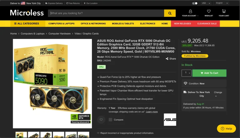 Asus ROG Astral RTX 5090 Dhahab OC Edition listed on Microless