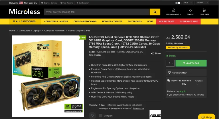 Asus ROG Astral RTX 5080 Dhahab OC Edition listed on Microless