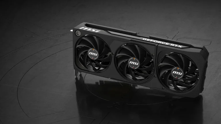 The MSI GeForce RTX 5080 Shadow 3X OC graphics card placed vertically