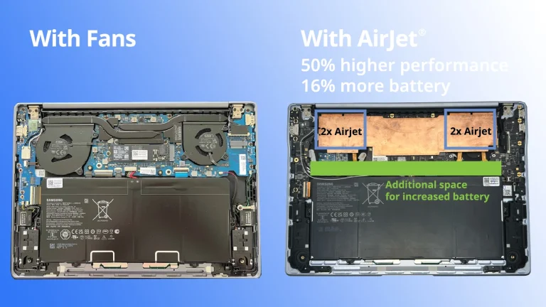 مقایسه Samsung Galaxy Book4 Edge با فن‌های سنتی برای خنک‌کننده و با سیستم خنک‌کننده جدید AirJet