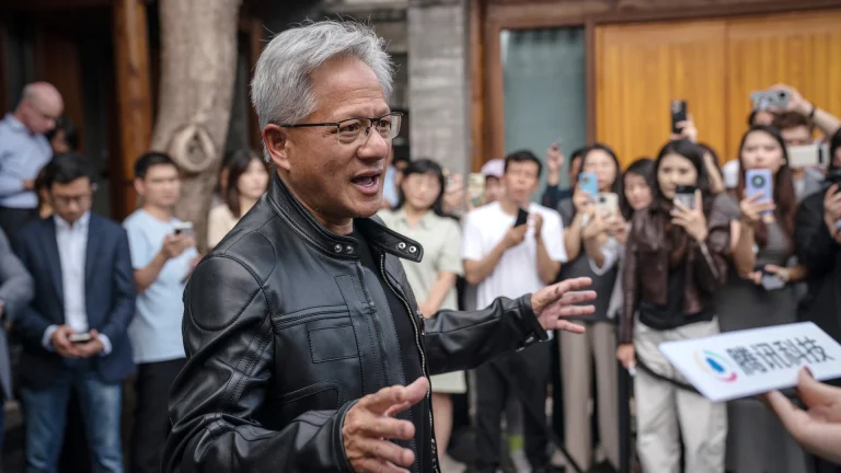 Nvidia CEO Jensen Huang speaking to journalists in China.