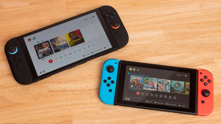A Nintendo Switch 2 and a Nintendo Switch next to one another