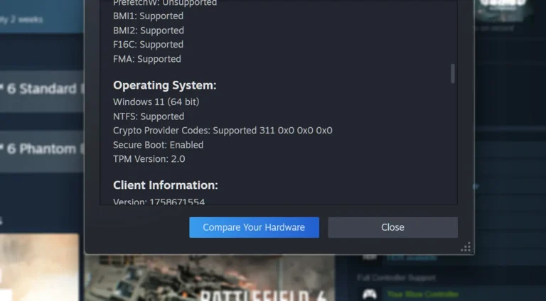 وضعیت Secure Boot در اطلاعات سیستم استیم