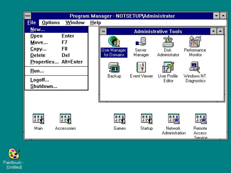 A screenshot of the Windows NT 3.5 desktop, showing Program Manager and many application shortcuts.