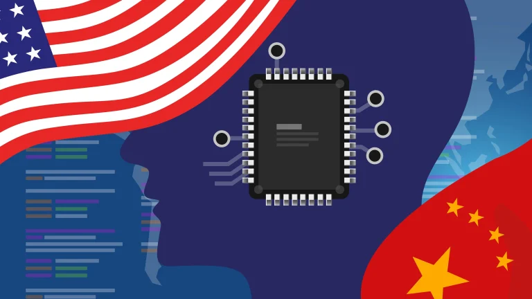 تراشه‌ای که بر روی سر انسان قرار گرفته و پرچم‌های آمریکا و چین در کنار آن دیده می‌شوند.