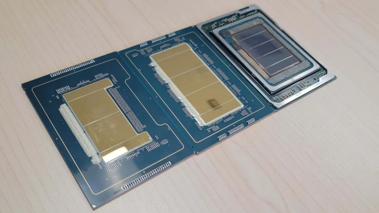 A photo of Intel CPUs; Sierra Forest, Granite Rapids, and a Gaudi 3 accelerator.