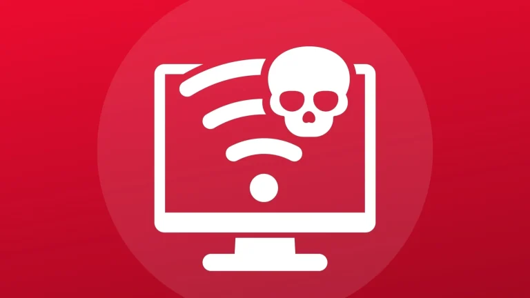 لوگوی سفید وای‌فای روی آیکون کامپیوتر با جمجمه روی پس‌زمینه قرمز