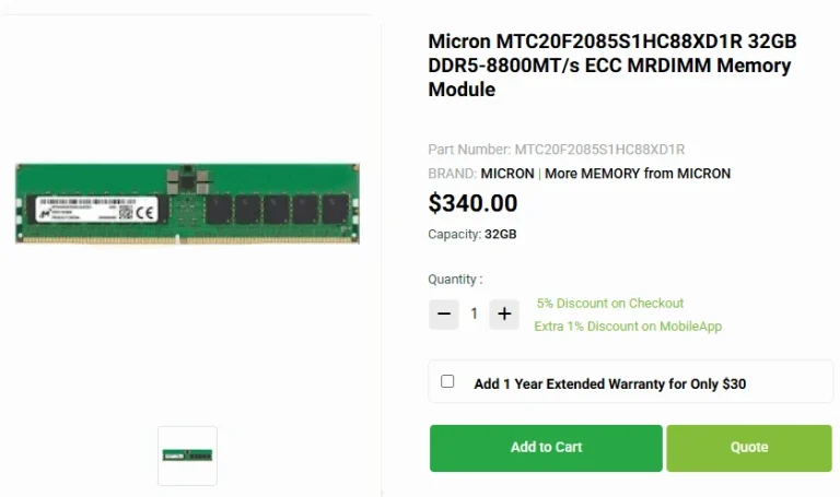 A screenshot of a shop showing a price of $340 for one 32GB MRDIMM