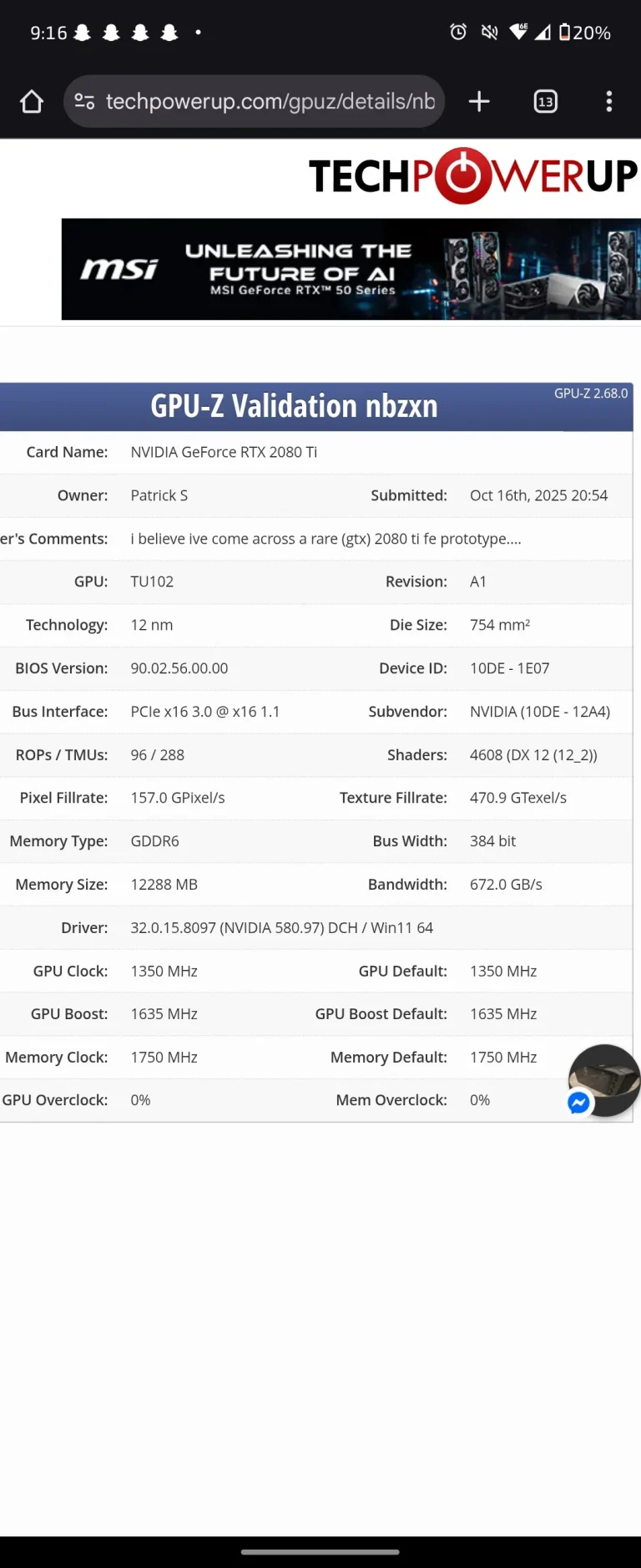 Alleged prototype and GPU-Z validated specifications of the Nvidia RTX 2080 Ti engineering sample with GTX branding