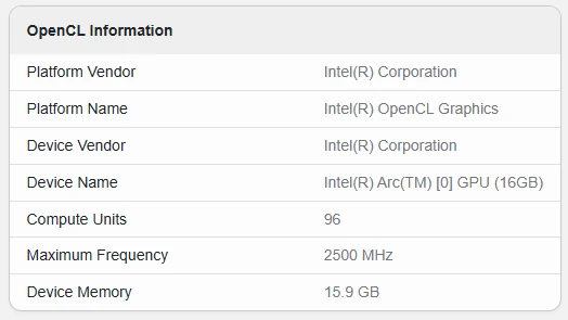اسکرین‌شاتی از مرورگر Geekbench که مشخصات گرافیکی یک پردازنده آینده Panther Lake را نشان می‌دهد.