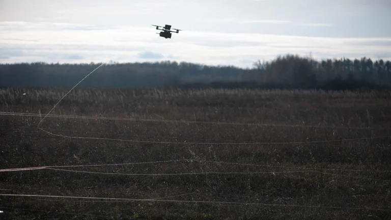 Fiber optic tethered drone in the air