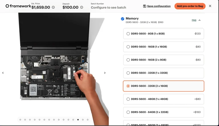 لپ‌تاپ فریم‌ورک 16 با 32 گیگابایت رم DDR5-5600 پیکربندی شده است