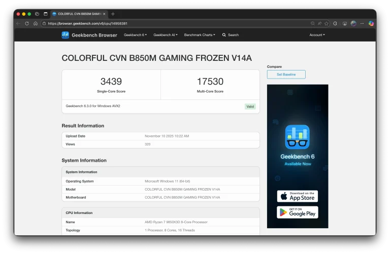 لیست افشا شده AMD Ryzen 7 9850X3D در Geekbench