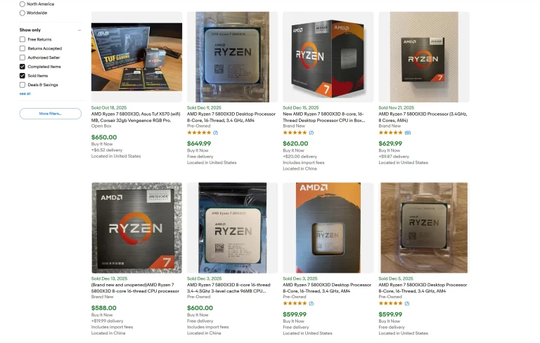 قیمت‌های Ryzen 7 5800X3D در eBay