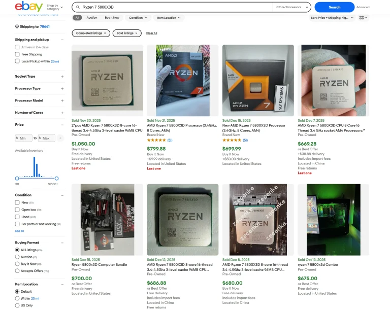 قیمت‌های Ryzen 7 5800X3D در eBay