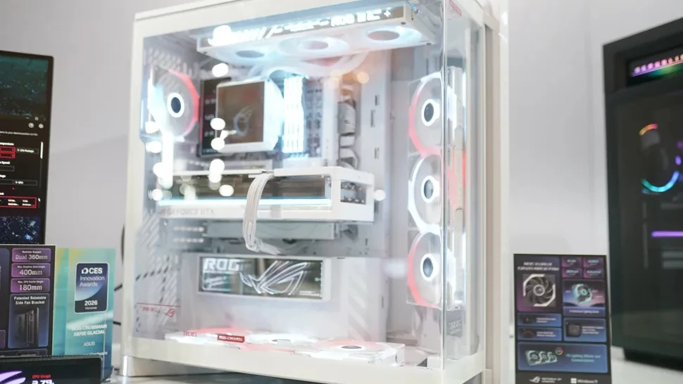 Asus unveils the ROG Cronox, its first panoramic PC case with a 9.2" screen and rotating fan bracket — chassis supports up to 14x 120mm fans & dual 360mm radiators | Tom's Hardware