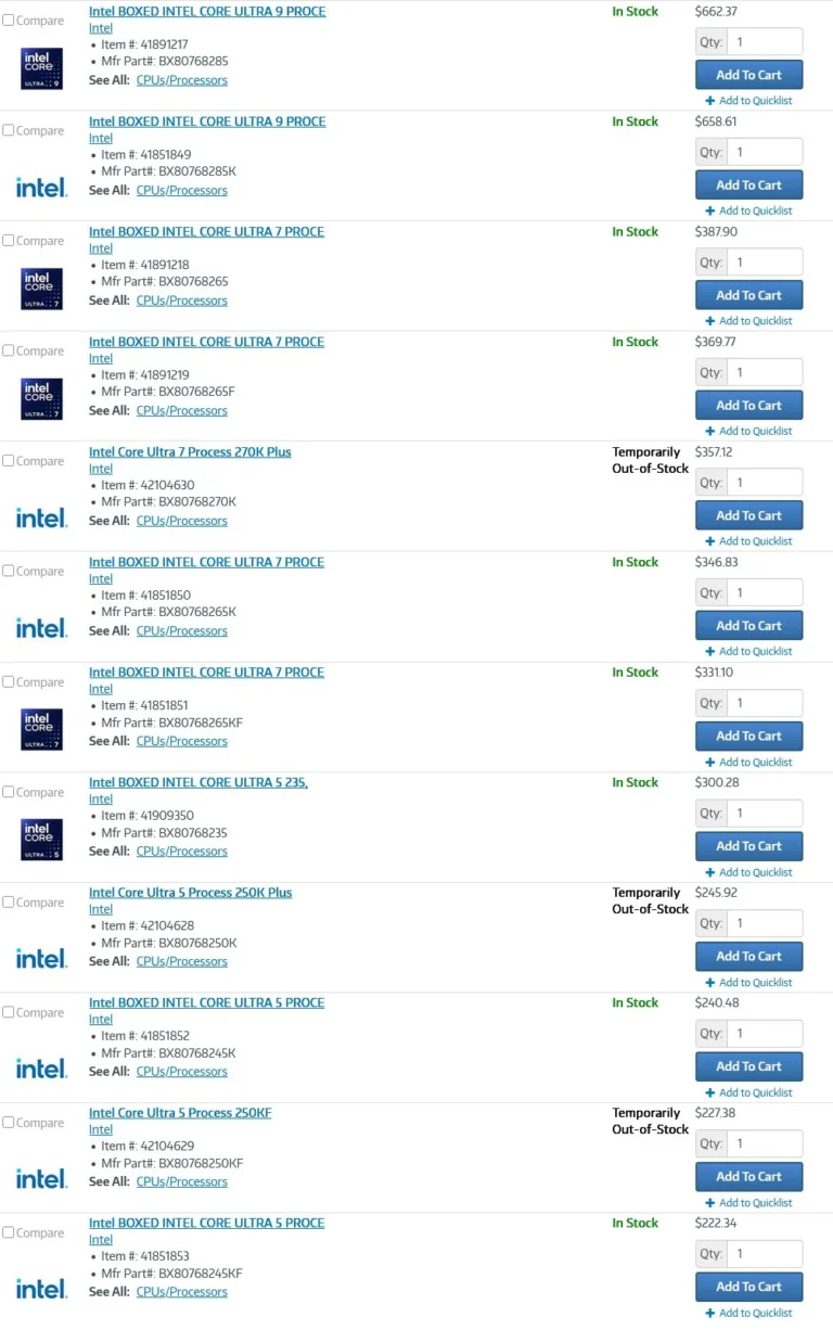 Core Ultra 7 270K Plus, Core Ultra 5 250K Plus and Core Ultra 5 250KF preliminary pricing
